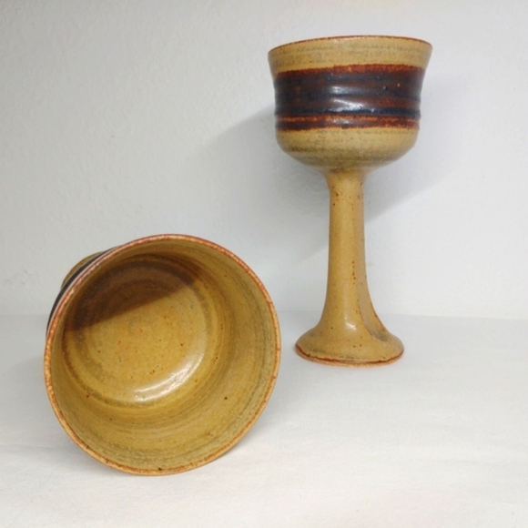 Marj Peeler Pottery Wine Goblet Clay Chalice Earthenware Vintage Folk Art Pair 2 - Picture 8 of 13